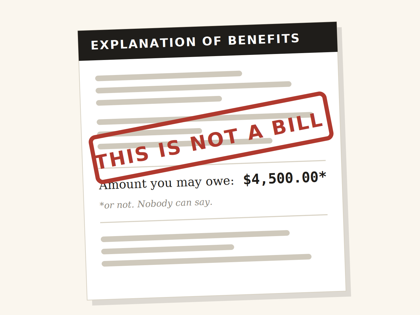 Illustration of an Explanation of Benefits document stamped THIS IS NOT A BILL