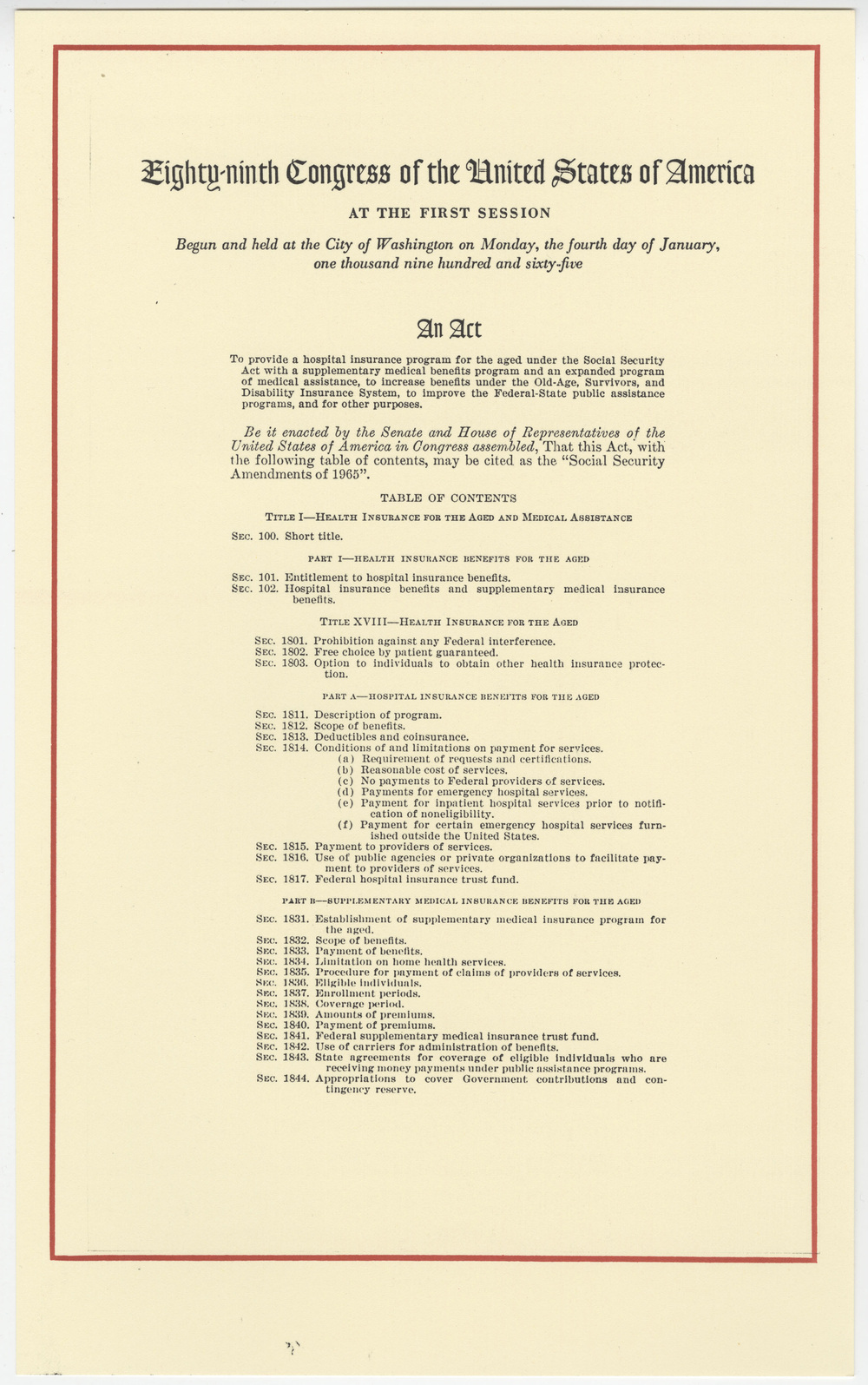 Page one of the Social Security Amendments of 1965